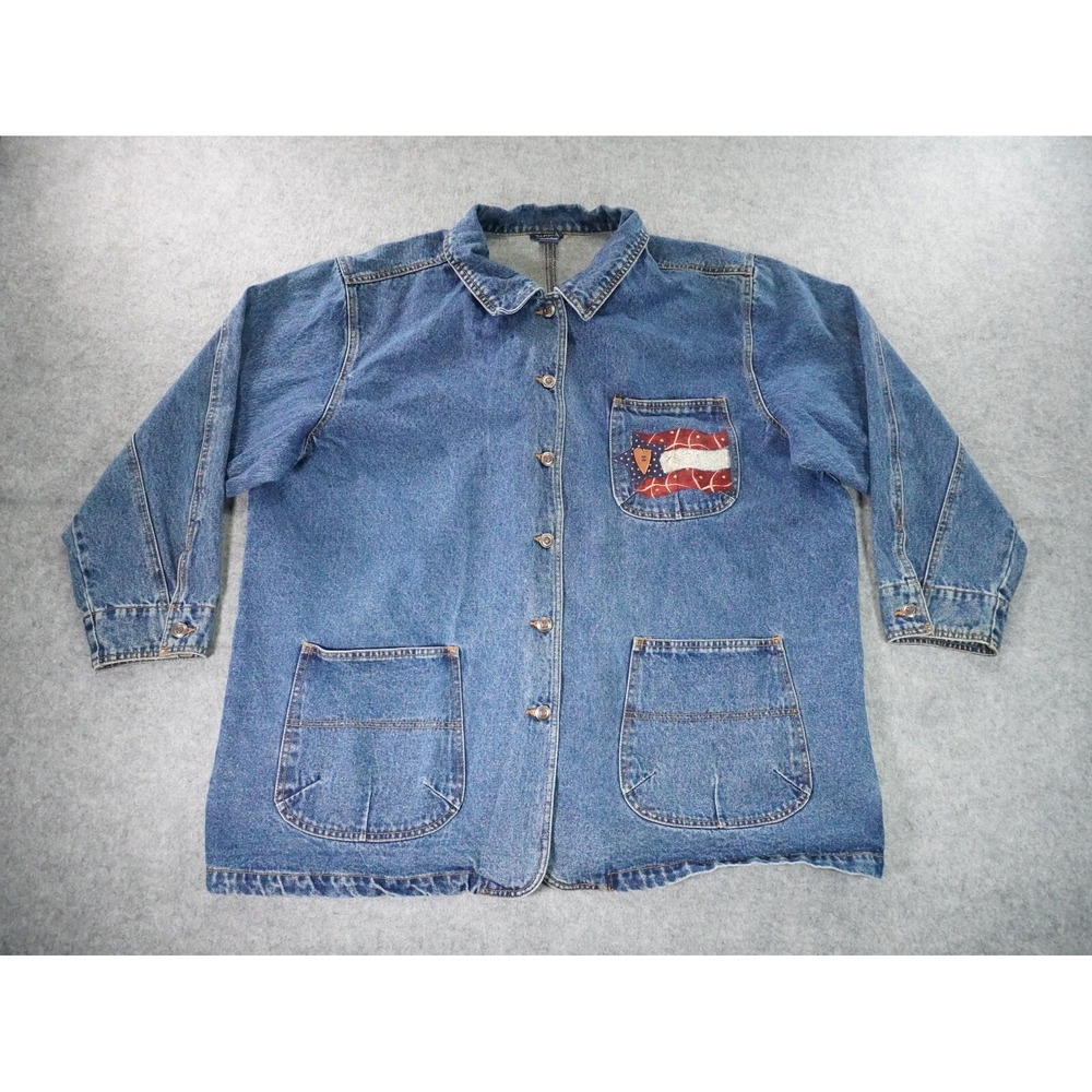 Vintage Denim Chore‎ Jacket Womens 2X Blue Button Up Barn Long Sleeve Flag Star